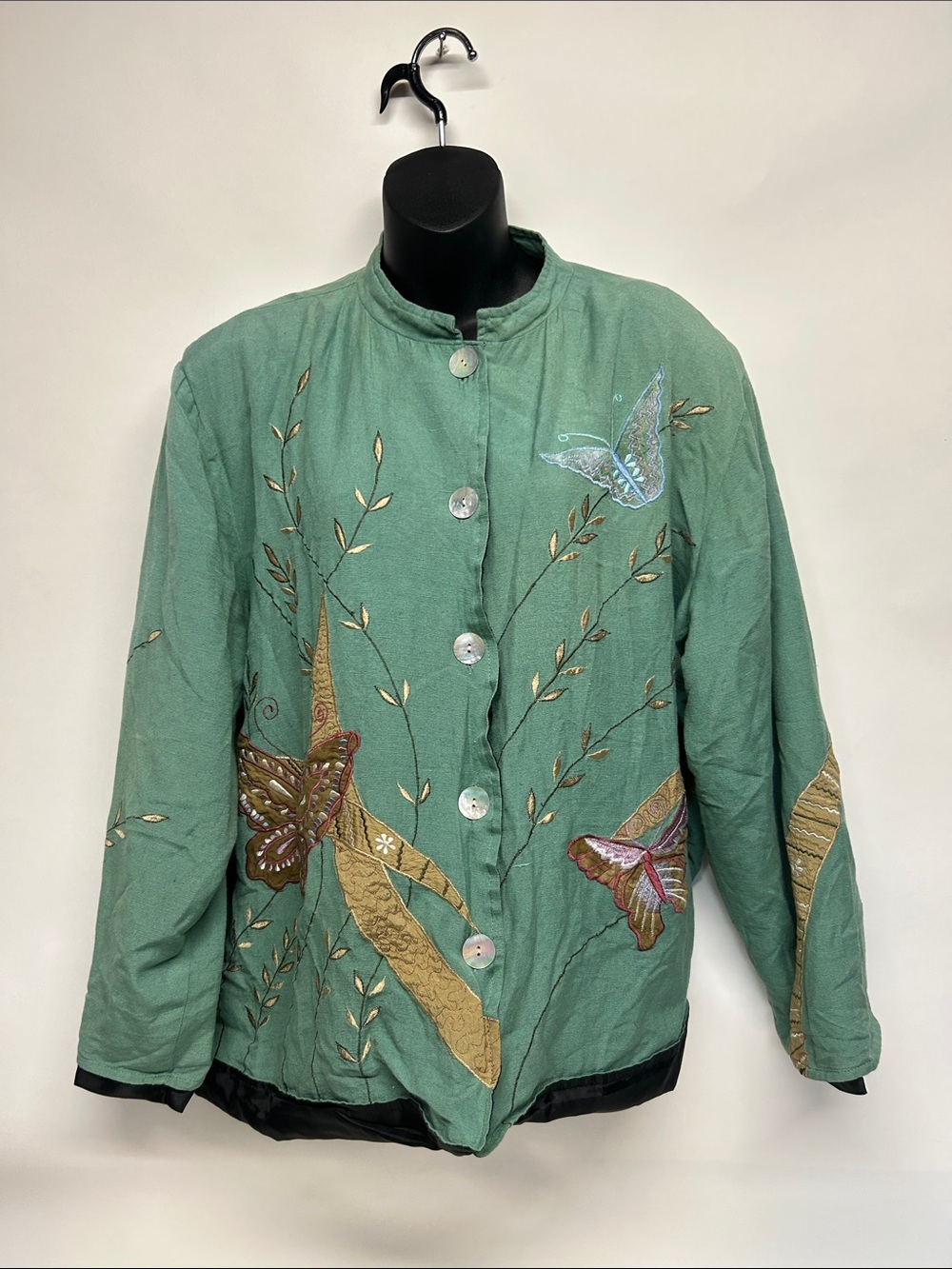 Embroidered Butterfly Mandarin Collar Jacket - Green 2X